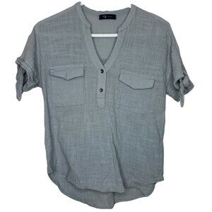 Gray Short Sleeve Casual Tee with V-neck and Curved Hem | Ties on Sleeves